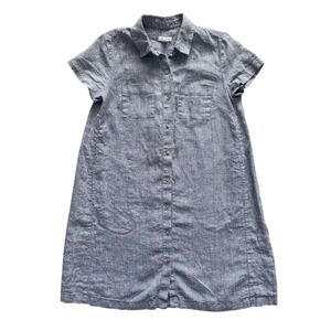 J. Jill Love Linen Blue Short Sleeve Button Front Shirt Dress XS Petite Coastal